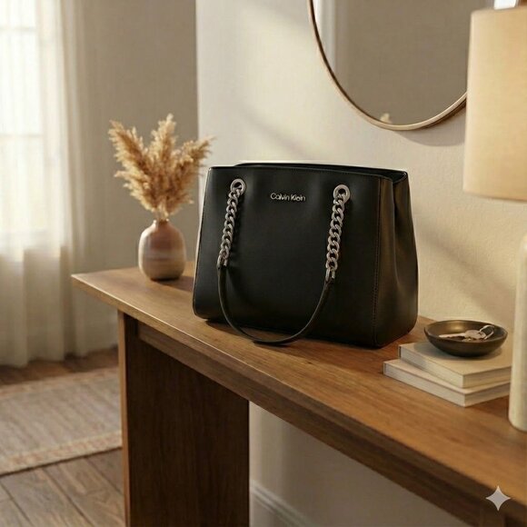 Calvin Klein Black Leather Tote Bag With Chain Straps & Magnetic Closures - Picture 2 of 10